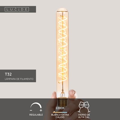 Lucide T32 - Lámpara de filamento - Ø 3,2 cm - LED 3 StepDim (Memoria) - E27 - 1x4,9W 2200K - Ámbar